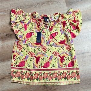 RACHEL Rachel Ray Bright Yellow Parrot Print Flutter Sleeve Top NWT Size S